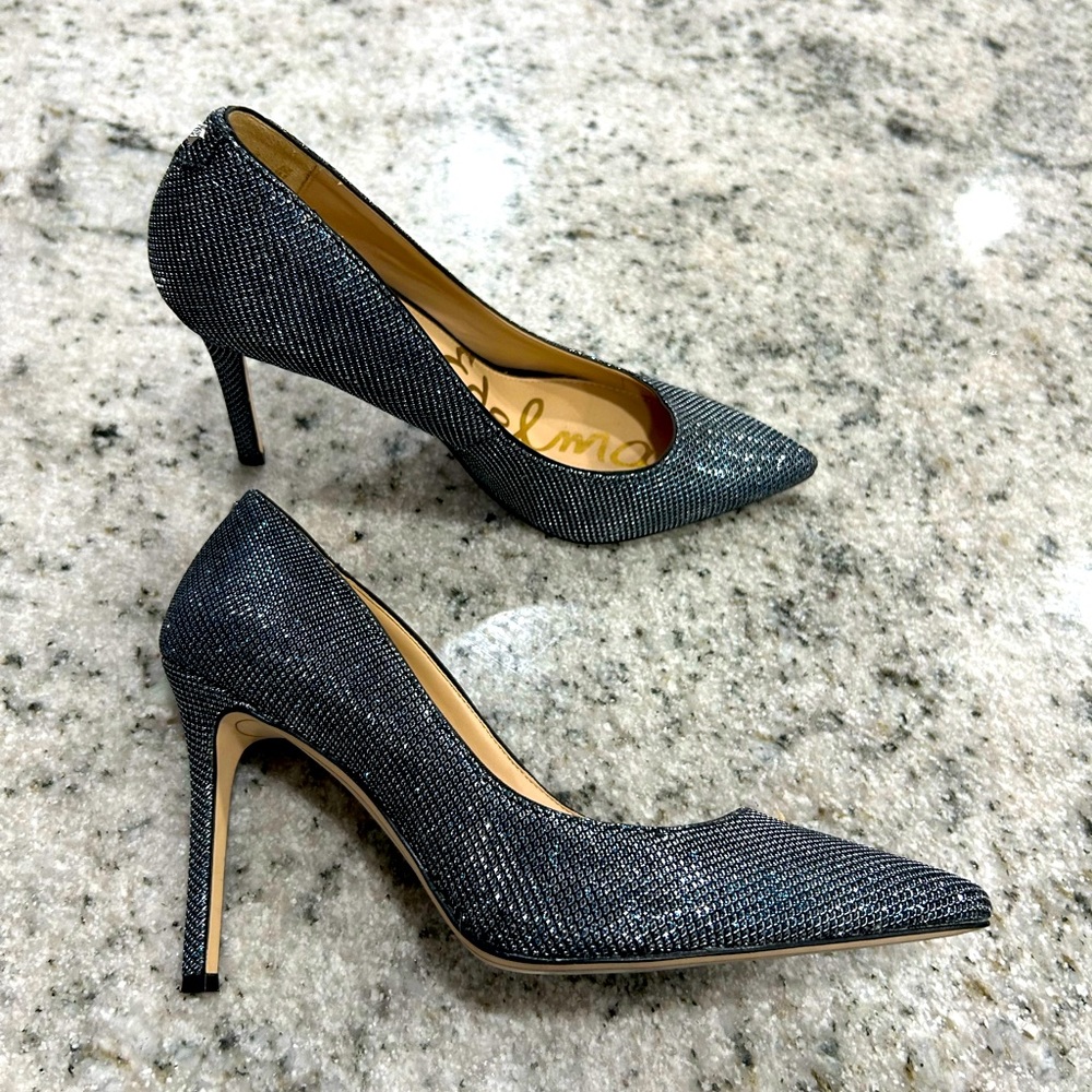 SAM EDELMAN Hazel blue metallic silver heel prom pump